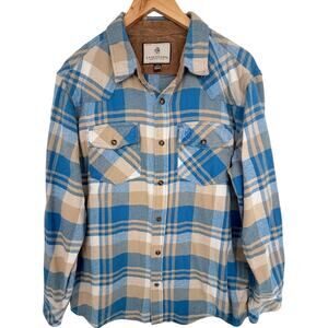 Legendary Whitetails Mens Large Blue Tan Plaid Flannel Snap Front Shirt